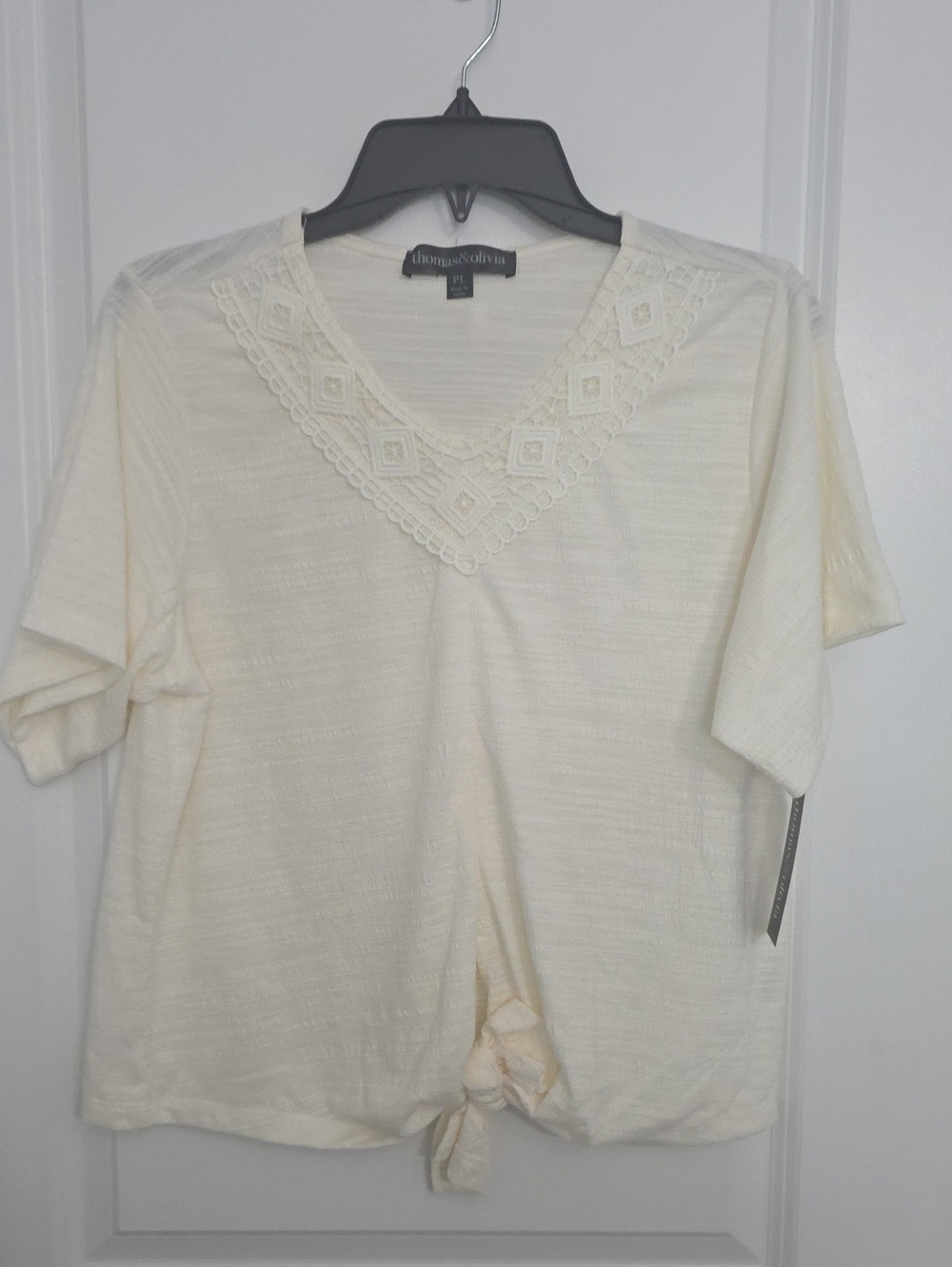 Linen-Texture Cream V-Neck Short Sleeve Top with Lace Trim